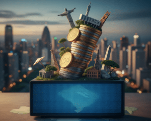 Ilustração conceitual sobre custo de vida, com pilha de moedas e monumentos de diferentes países.