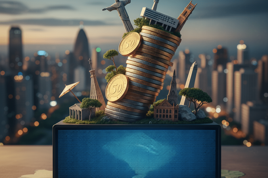 Ilustração conceitual sobre custo de vida, com pilha de moedas e monumentos de diferentes países.