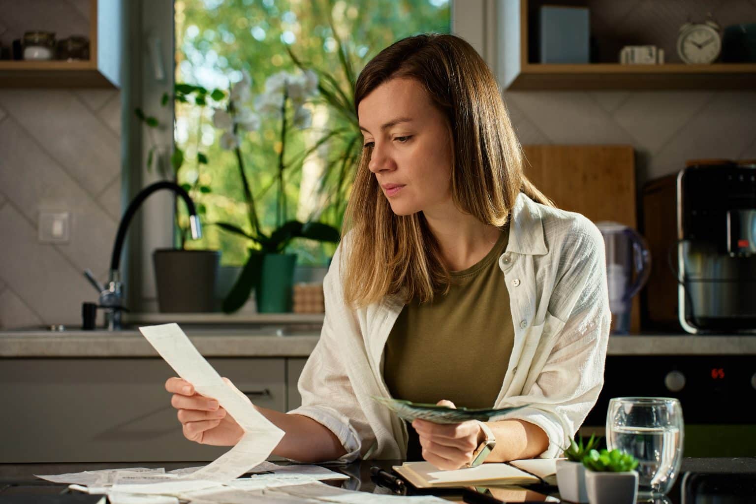 Como organizar as finanças pessoais: Mulher jovem sentada à mesa da cozinha analisando contas e organizando o orçamento com atenção, representando o controle das finanças pessoais.