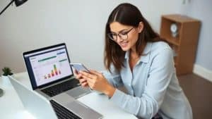 Mulher jovem usando notebook e smartphone enquanto analisa gráficos financeiros, representando o uso de aplicativos para organizar finanças e controlar o orçamento pessoal com praticidade e tecnologia.