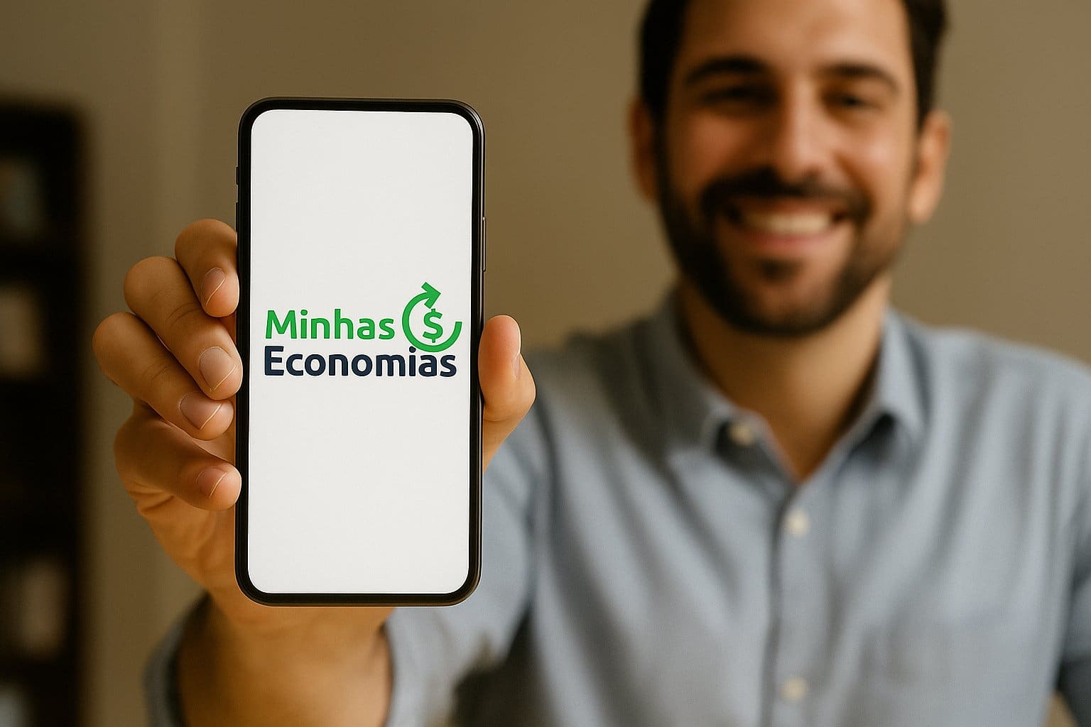 Homem sorridente segurando um celular que exibe o logo do Minhas Economias, simbolizando o uso de aplicativos para organizar finanças e acompanhar o controle de gastos de forma simples e eficiente.