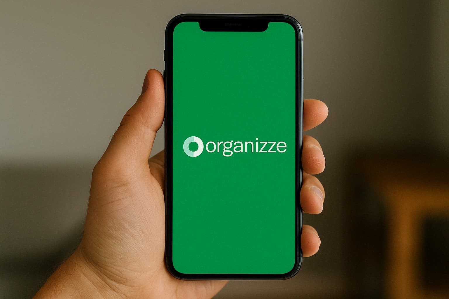 Mão segurando um celular exibindo a tela do aplicativo Organizze com fundo verde, representando o uso de aplicativos para organizar finanças e facilitar o controle do orçamento pessoal.