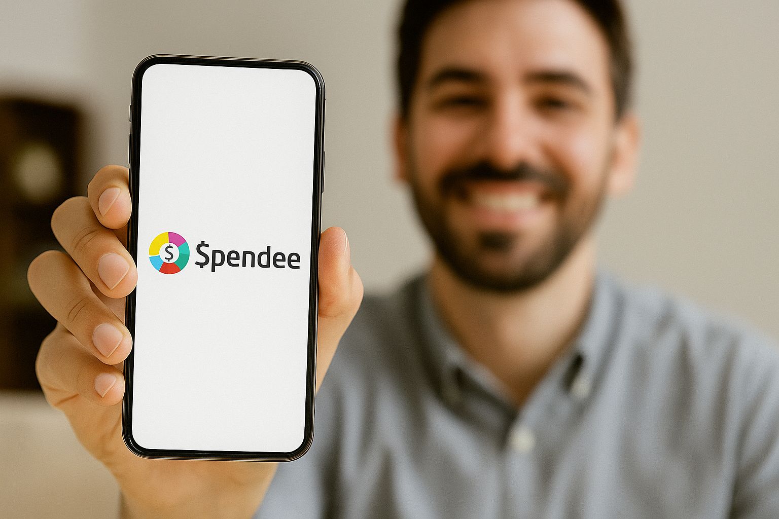 Homem sorridente segurando um celular que exibe o logo do aplicativo Spendee, simbolizando o uso de aplicativos para organizar finanças e acompanhar despesas e orçamentos de forma prática e moderna.