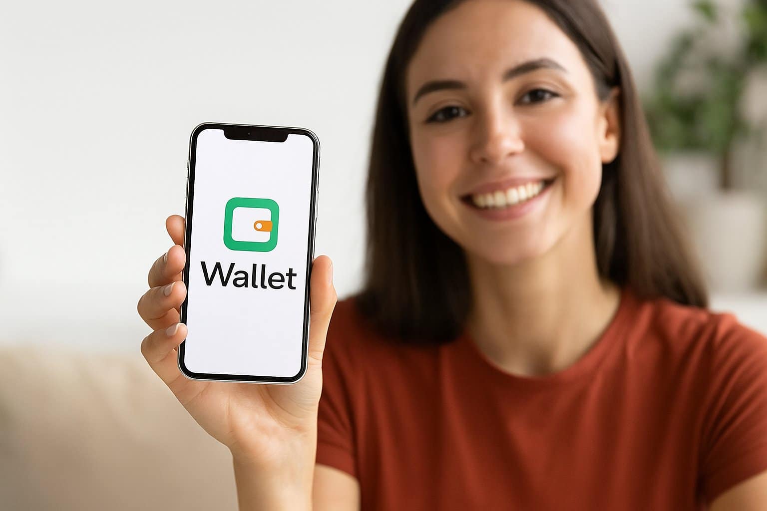 Mulher sorridente segurando um celular que exibe o logo do aplicativo Wallet, representando o uso de aplicativos para organizar finanças e facilitar o controle do orçamento pessoal com tecnologia e praticidade.