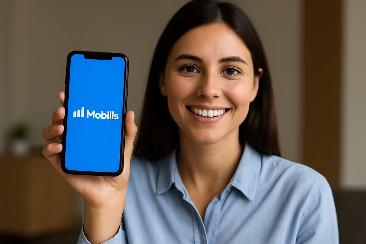 Mulher sorridente segurando um celular que exibe o logo do Mobills, representando o uso de aplicativos para organizar finanças e manter o controle do orçamento pessoal de forma prática e moderna.