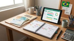 Mesa de trabalho com agenda aberta, calculadora, contas e impostos organizados, aplicativo de finanças em tablet e documentos do INSS, ilustrando como organizar as contas de início de ano.