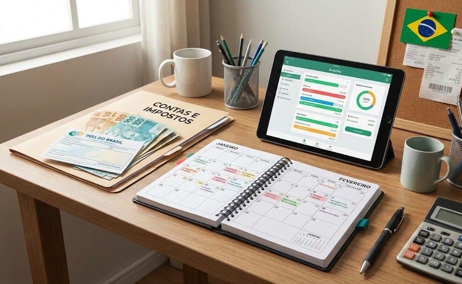 Mesa de trabalho com agenda aberta, calculadora, contas e impostos organizados, aplicativo de finanças em tablet e documentos do INSS, ilustrando como organizar as contas de início de ano.