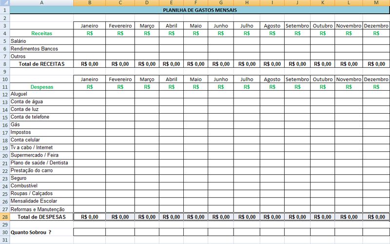 Modelo de planilha de gastos mensais em Excel, mostrando receitas, despesas e totais por mês, ideal para quem deseja aprender como montar uma planilha de gastos de forma simples e organizada.