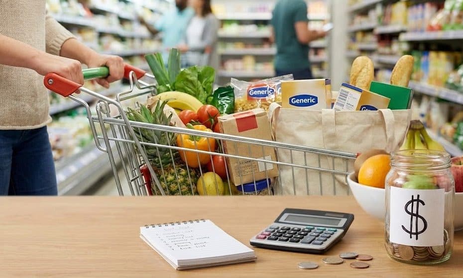 Carrinho de supermercado cheio de alimentos, com calculadora, lista de compras e moedas sobre a mesa, ilustrando como economizar nas compras de supermercado por meio do planejamento e controle de gastos.