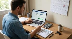 Homem analisando finanças em casa, usando notebook, calculadora e caderno para como calcular o IPVA e planejar o pagamento, com calendário marcando a data de vencimento do imposto.