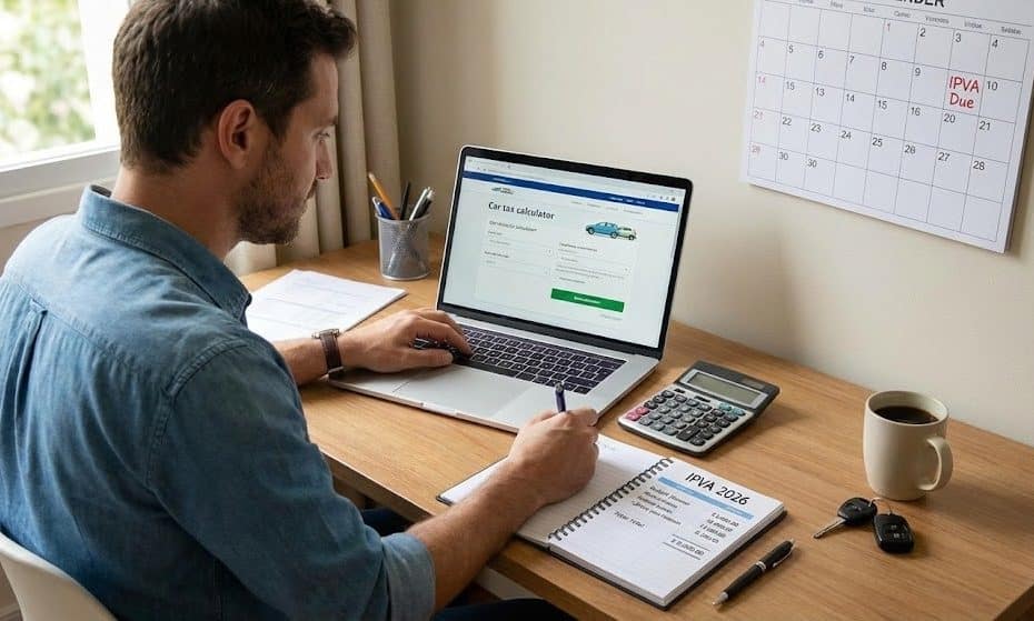 Homem analisando finanças em casa, usando notebook, calculadora e caderno para como calcular o IPVA e planejar o pagamento, com calendário marcando a data de vencimento do imposto.