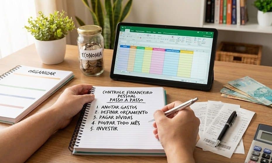 Pessoa organizando gastos em caderno com anotações de controle financeiro pessoal passo a passo, usando planilha no computador, recibos, dinheiro e calculadora para aprender a organizar o dinheiro de forma prática.