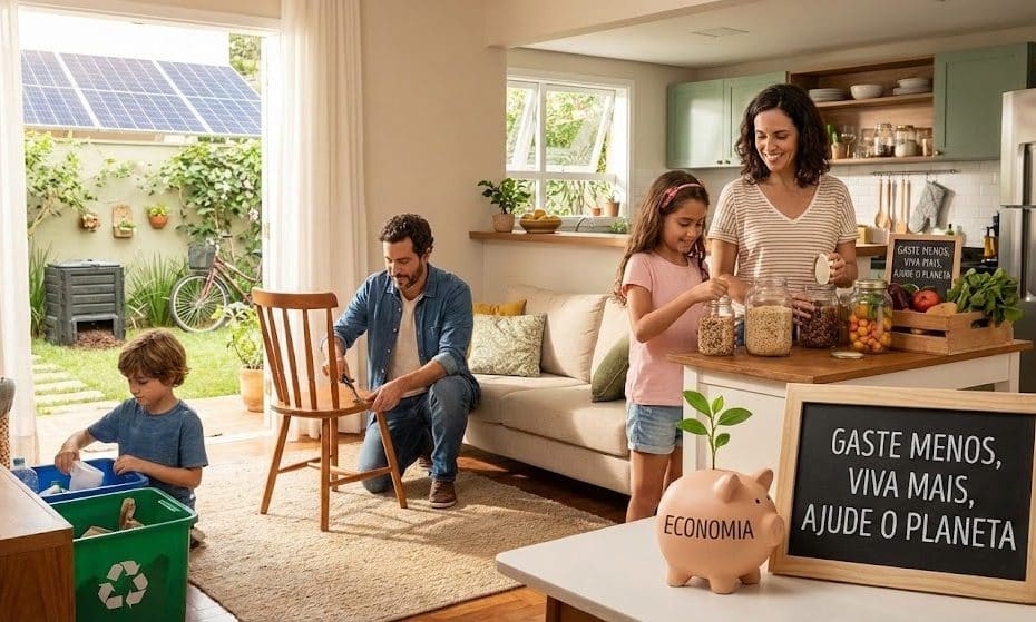 Família praticando hábitos de sustentabilidade e economia em casa, com separação de recicláveis, reaproveitamento de alimentos, uso consciente de recursos e mensagem sobre gastar menos e ajudar o planeta em ambiente doméstico.