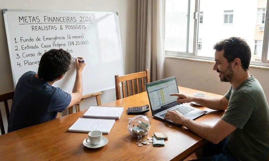 Pessoas planejam orçamento em casa com quadro e planilha, mostrando como criar metas financeiras realistas.