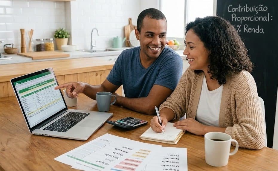 Casal analisa planilha no notebook para decidir como dividir despesas familiares em casa.