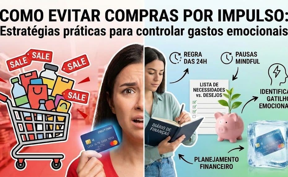 Infográfico sobre como evitar compras por impulso com estratégias como regra das 24h e planejamento financeiro