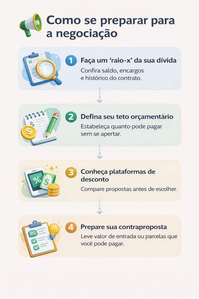 Infográfico ilustrado mostrando o passo a passo de como negociar dívidas bancárias, com etapas sobre análise da dívida, definição de orçamento, comparação de descontos e preparação de contraproposta.