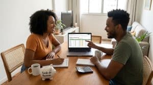 Casal analisa planilha no notebook enquanto conversa sobre como organizar finanças em casal.