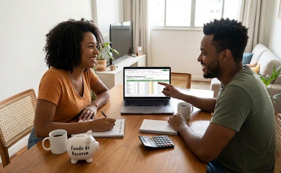 Casal analisa planilha no notebook enquanto conversa sobre como organizar finanças em casal.