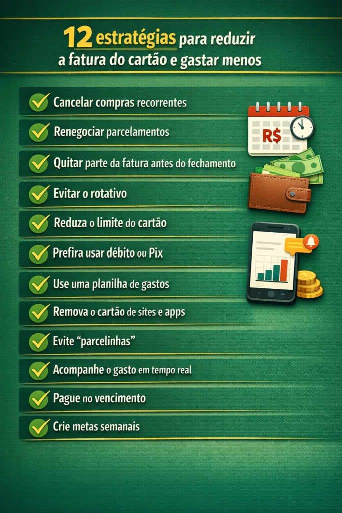 Infográfico com 12 estratégias práticas para como reduzir a fatura do cartão de crédito, listando ações como cancelar compras recorrentes, renegociar parcelamentos, evitar o rotativo, usar Pix ou débito, acompanhar gastos em tempo real, reduzir o limite do cartão e criar metas semanais para diminuir gastos imediatamente.