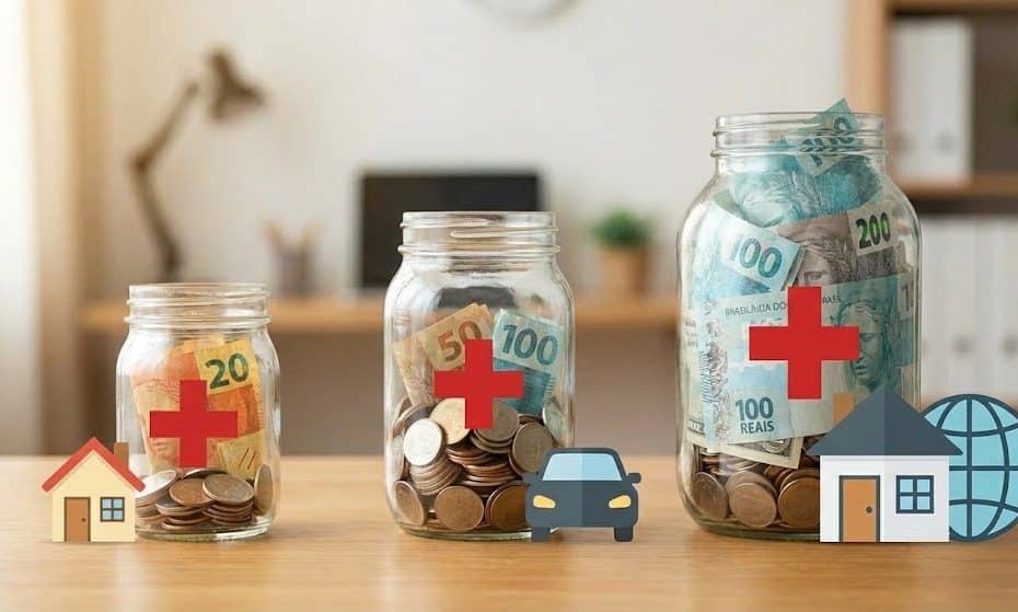 Potes com dinheiro simbolizando quanto guardar por mês para emergências.