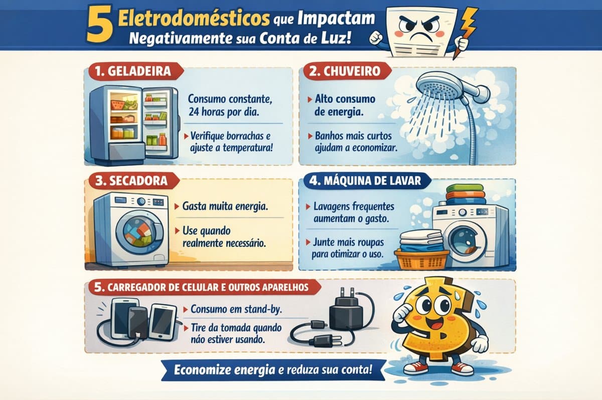 Infográfico ilustrado mostrando cinco eletrodomésticos que impactam negativamente a conta de luz: geladeira, chuveiro, secadora, máquina de lavar e carregadores de celular. Cada item apresenta dicas de economia e de como reduzir despesas fixas da casa. 