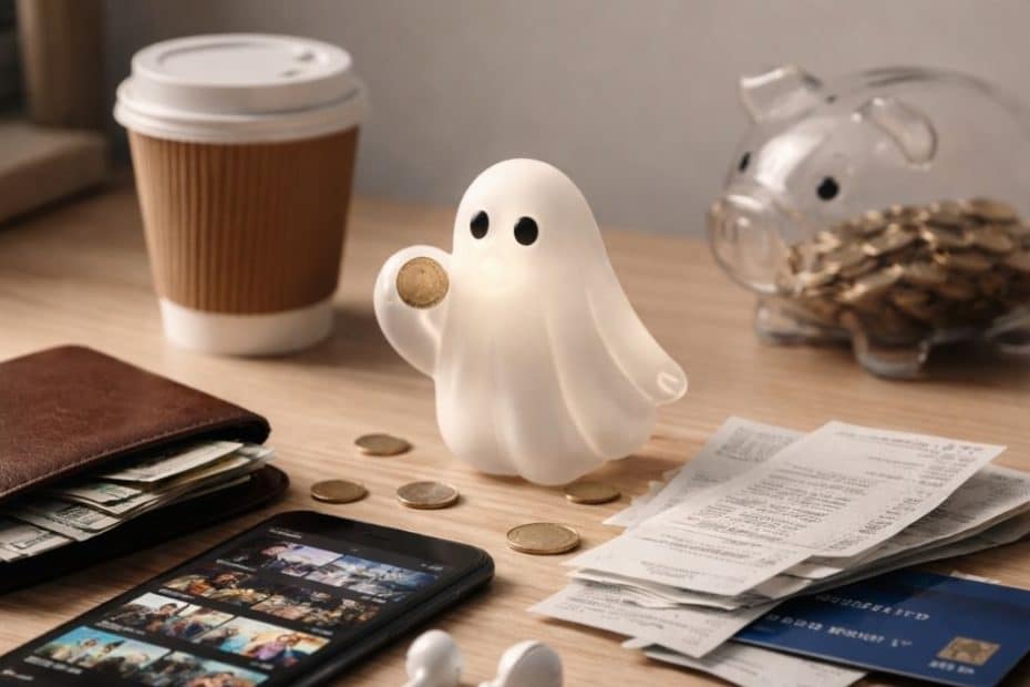 Imagem com carteira, moedas, recibos, celular e cofrinho sobre mesa, representando gastos invisíveis que sabotam o orçamento