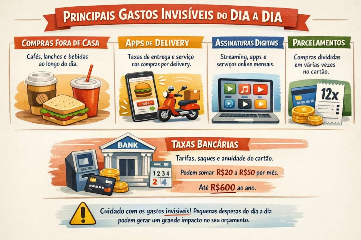 Infográfico ilustrado explicando como identificar gastos invisíveis no extrato bancário, como assinaturas e taxas, que sabotam o orçamento.
