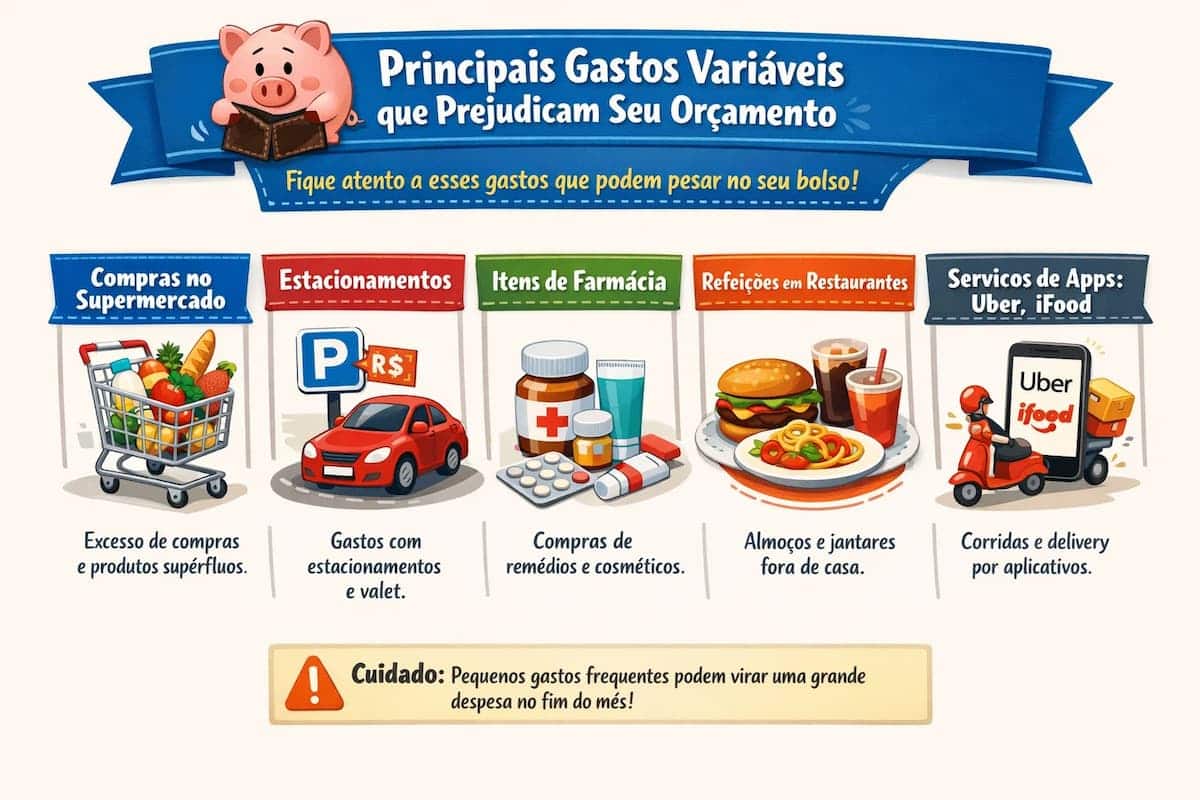 Infográfico ilustrado com exemplos de gastos variáveis, como supermercado, delivery e restaurantes, sobre o tema "como controlar gastos variáveis no dia a dia"