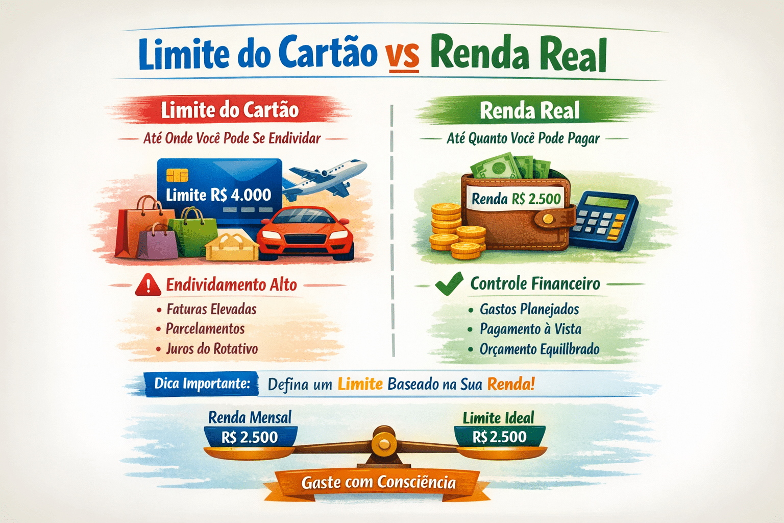Cartão de crédito atrapalha ou ajuda o orçamento: ilustração comparativa mostra, à esquerda, um cartão com limite alto cercado por compras, carro e viagem indicando risco de endividamento, e à direita uma carteira com dinheiro, moedas e calculadora representando renda real e controle financeiro.
