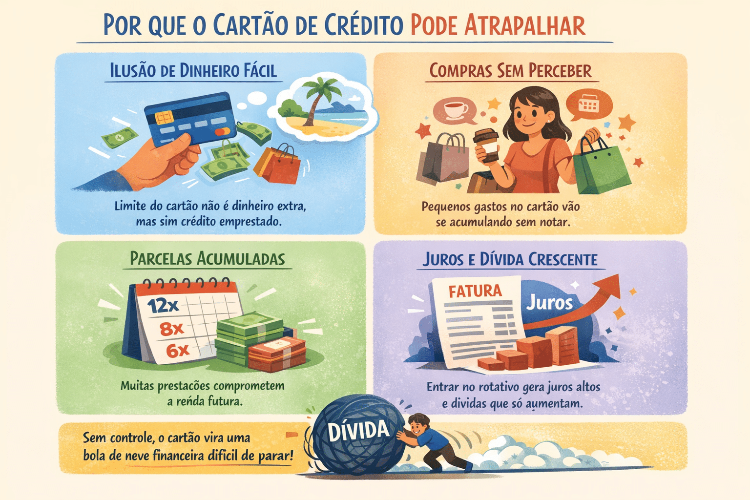 Cartão de crédito atrapalha ou ajuda o orçamento: sequência ilustrada mostra mão segurando cartão como dinheiro fácil, pessoa fazendo compras sem perceber, calendário com parcelas acumuladas e fatura com juros crescendo, culminando em uma bola de dívida aumentando.