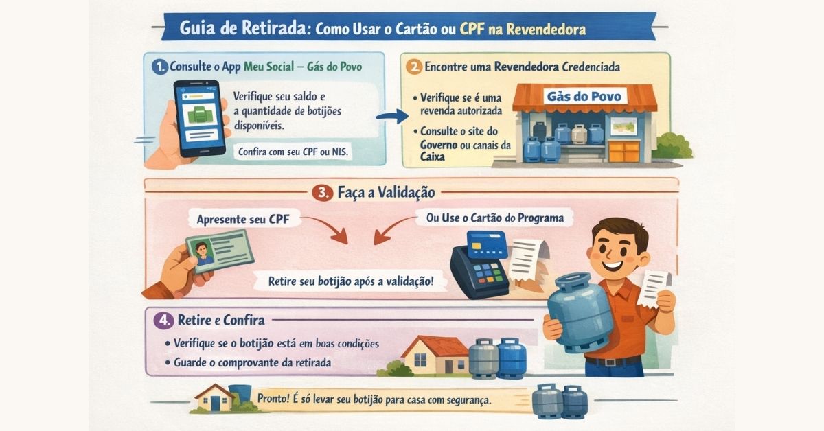 Guia mostra como retirar o benefício do auxílio gás usando CPF ou cartão, com etapas de consulta, validação e retirada segura